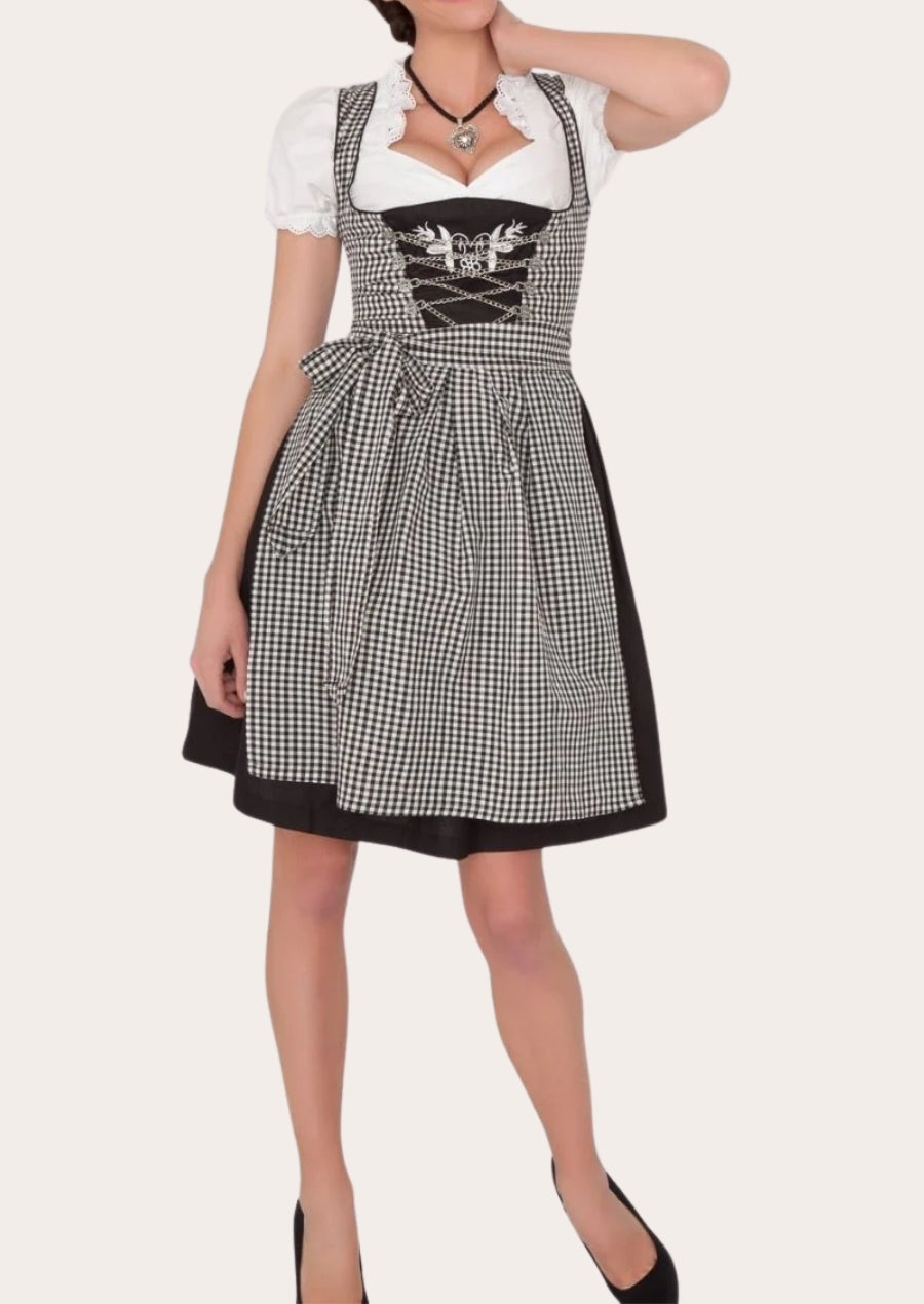 Black & White Vintage Dirndl with Lace-Up & Check Apron  German Outfits