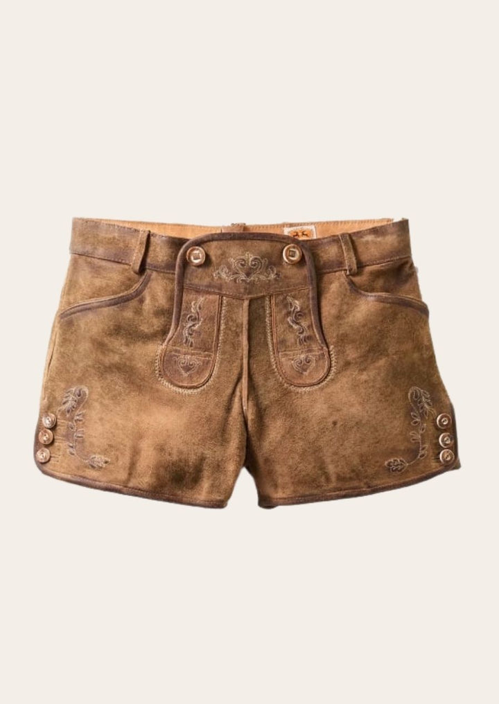 Alpine Princess women’s Lederhosen, crafted from premium suede with delicate Bavarian embroidery.