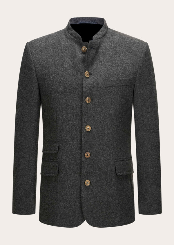 A gray Authentic Bavarian Wool Jacket with Alpine-inspired styling, featuring bone button closure and a four-pocket design.