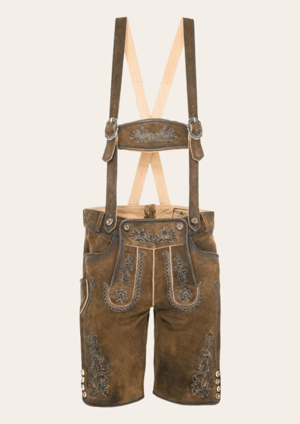 Bavarian Stag lederhosen with embroidered deer motif, perfect for Oktoberfest.