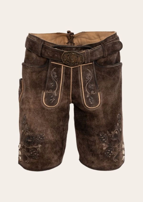 Bavarian woodsman lederhosen crafted from premium leather for a rugged Alpine look.