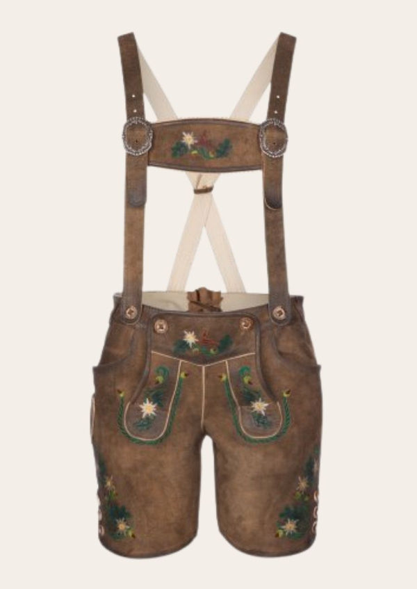 Beer Garden Babe Lederhosen for women, crafted from premium suede with delicate Bavarian embroidery.