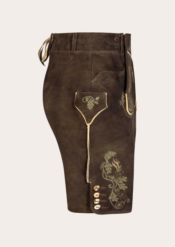 Popular Bavarian Lederhosen for festivals, featuring classic side flap and suspenders.
