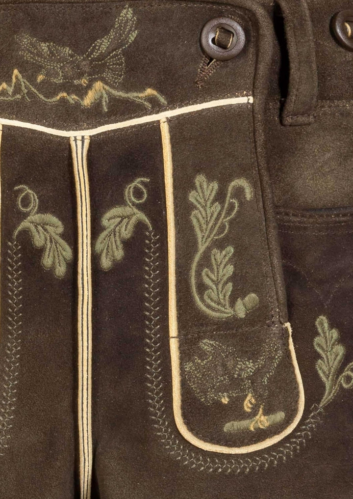Authentic German festival Lederhosen with heritage stitching and rugged texture.