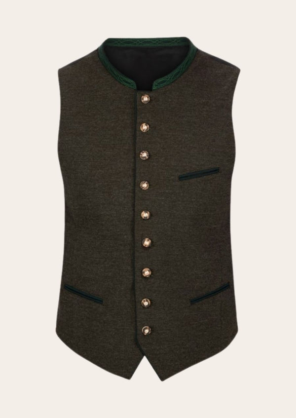 Classic Alpine festival men’s Trachten vest, crafted from premium wool with intricate Bavarian embroidery.