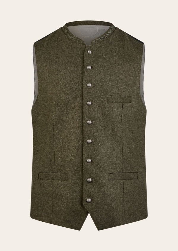 Classic German outdoorsman Trachten vest, crafted from premium wool with traditional Bavarian embroidery.