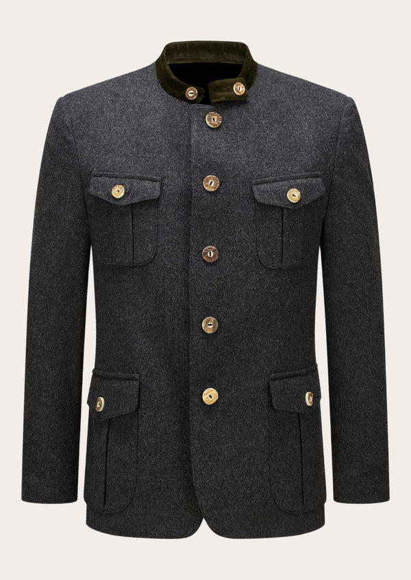 A classic men's Trachten jacket in grey wool with bone button closures, traditional lapel styling, and four pockets.