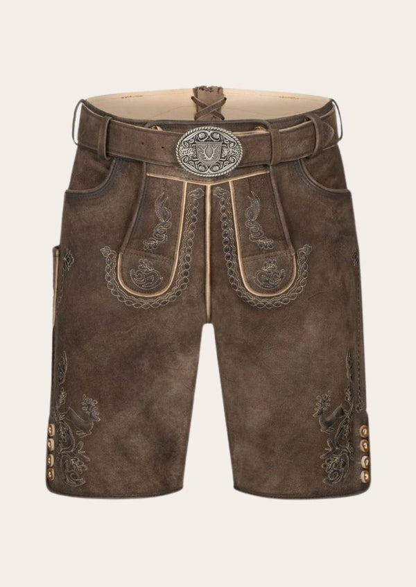 Classic Oktoberfest brown lederhosen with authentic Bavarian embroidery and suspenders.