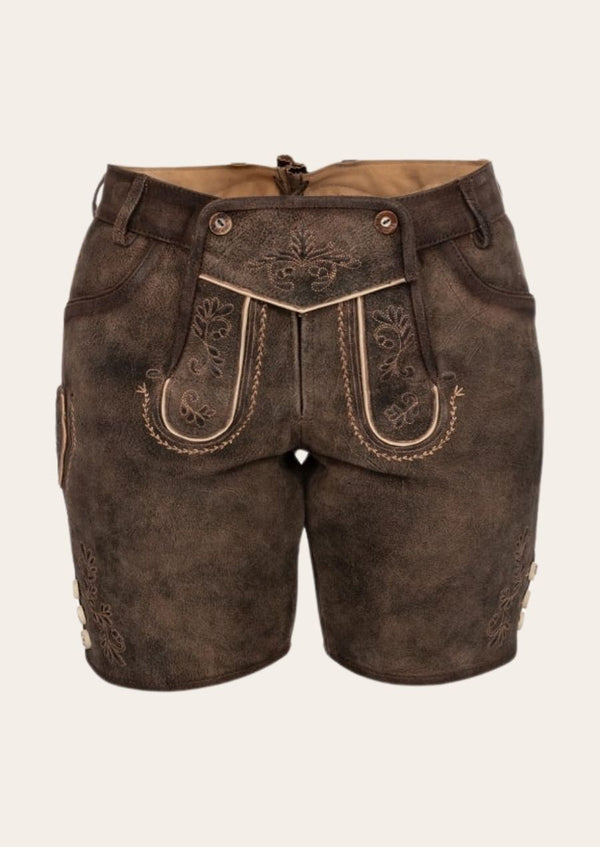 Classic Oktoberfest women’s Lederhosen crafted from premium suede with traditional Bavarian embroidery.
