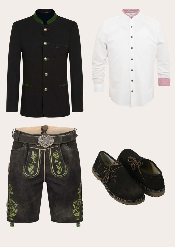 Complete Oktoberfest men’s outfit with Lederhosen, shirt, jacket and boots.