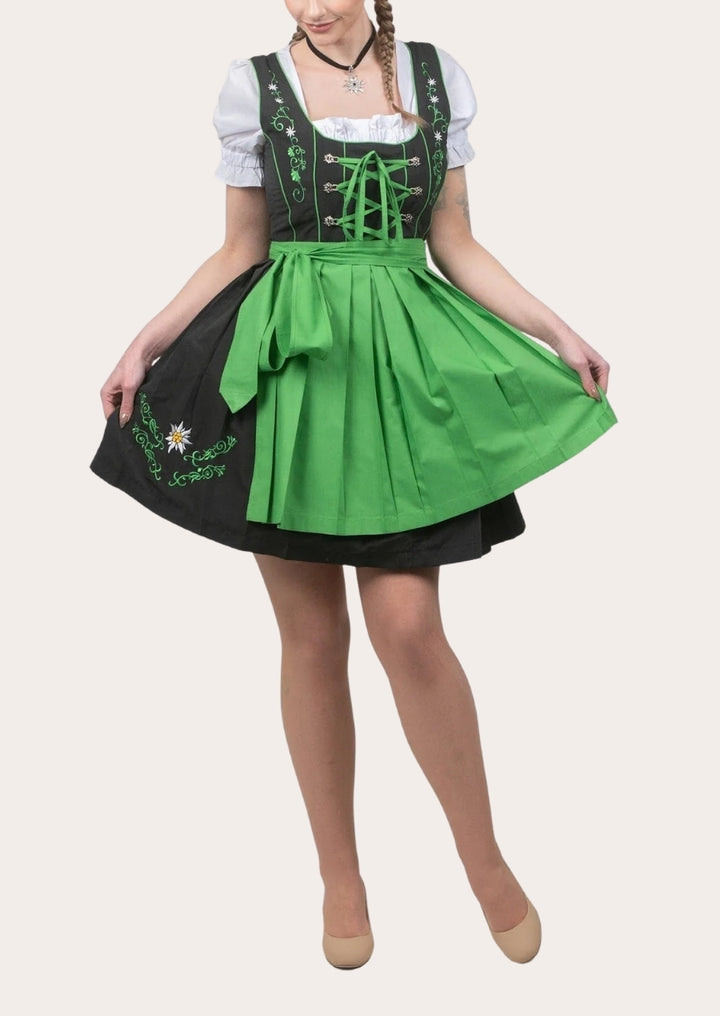 Model wearing green delicate lace Dirndl for elegant festive occasions – perfect for Oktoberfest, weddings, and traditional Bavarian events.