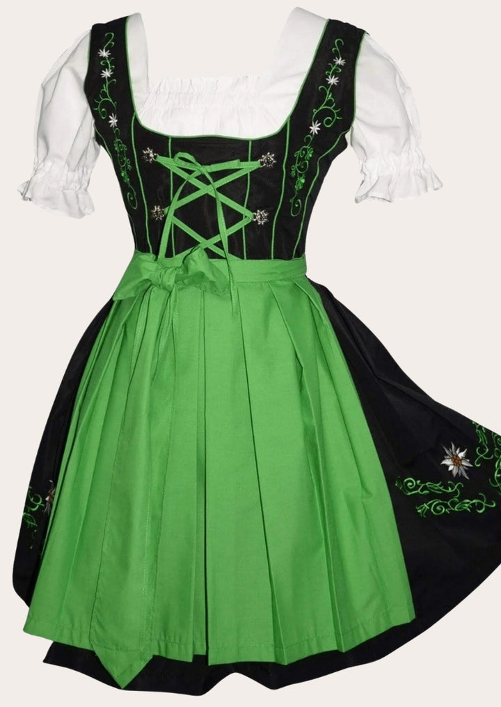 A traditional green and black dirndl dress with lace detailing on the bodice and apron, designed for festive occasions.
