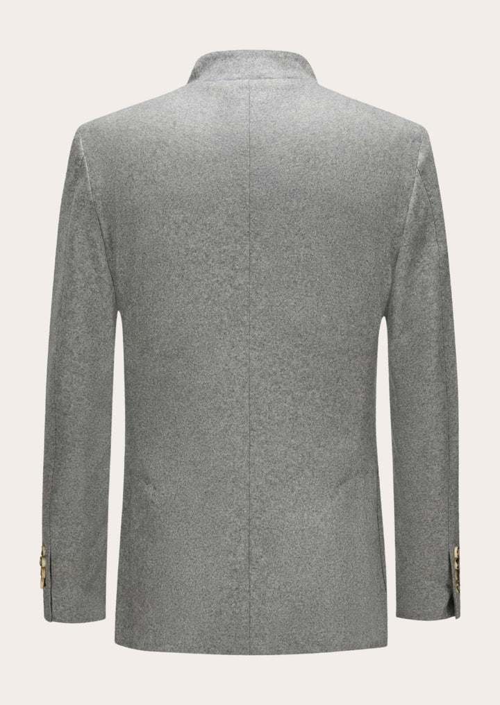 Back view of classic grey wool Trachten jacket with bone button closure and a three-pocket design, suitable for traditional Bavarian outfits or Alpine fashion.
