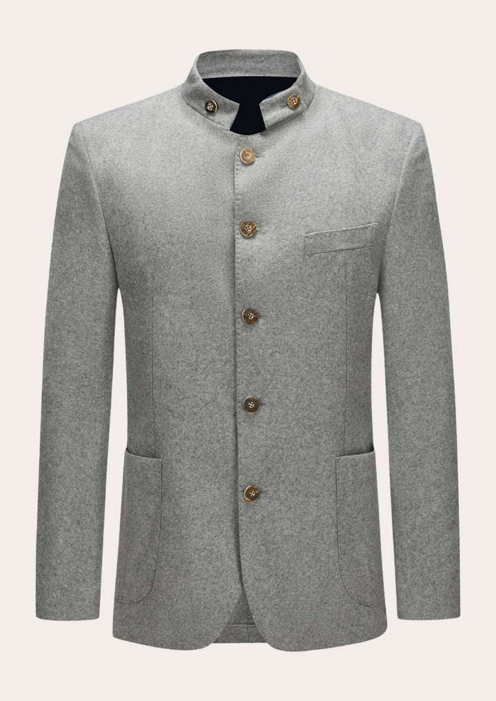 A classic grey wool Trachten jacket with bone button closure and a three-pocket design, suitable for traditional Bavarian outfits or Alpine fashion.