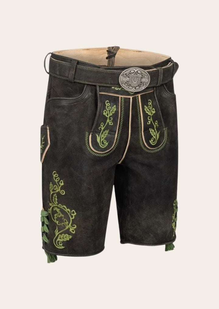 Authentic German lederhosen with intricate embroidery, perfect for beer festivals.