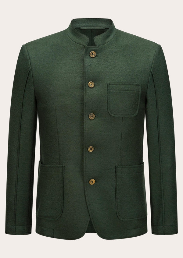 A green wool men's Oktoberfest jacket with bone buttons and three pockets, featuring a traditional Trachten tailoring.