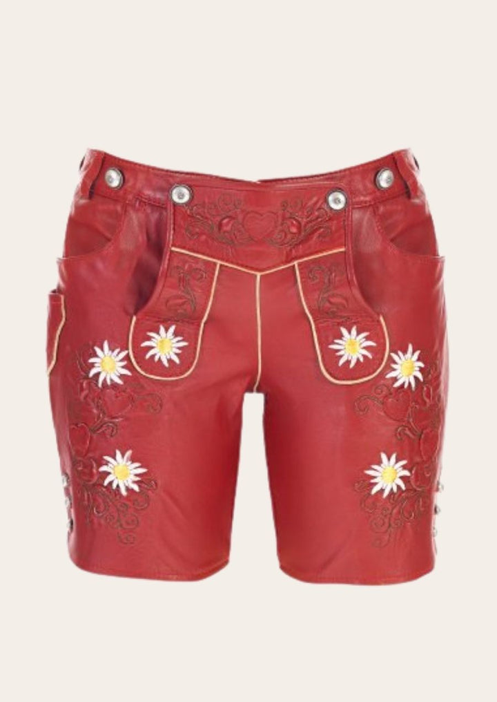 Oktoberfest Chic Red Lederhosen for women, featuring premium leather and traditional Bavarian embroidery, perfect for Oktoberfest.