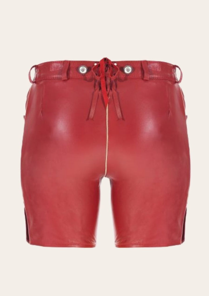 Stylish Oktoberfest Chic Red Lederhosen with intricate stitching and a flattering fit, ideal for cultural festivals and beer gardens.