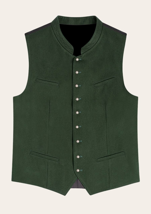 Oktoberfest regal Alpine gentleman’s vest, crafted from premium wool with intricate Bavarian embroidery.