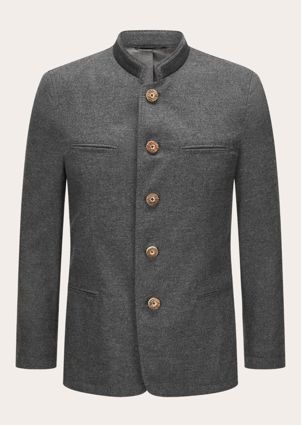 A gray wool trachten jacket with bone button closure and four pockets, designed for traditional German outfits.