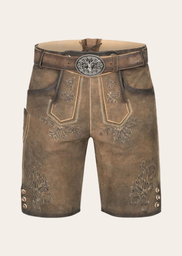 Premium men's brown lederhosen crafted from genuine leather, perfect for Oktoberfest and cultural events.