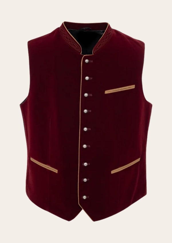 Prestige Bavarian velvet waistcoat for men, featuring luxurious fabric and classic Alpine embroidery.