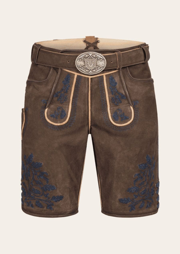 Royal Stag lederhosen crafted from premium leather, featuring elegant stag embroidery for a regal Bavarian look.