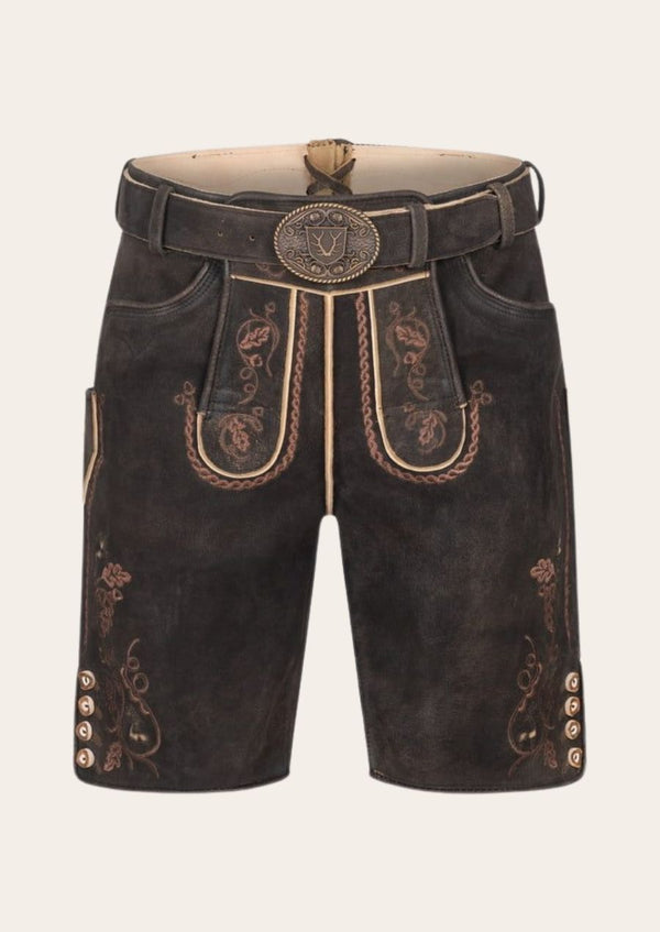 Rustic Alpine lederhosen crafted from genuine leather, inspired by traditional Bavarian heritage.