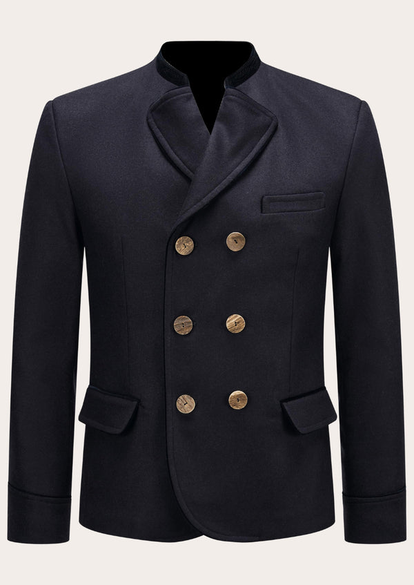 A navy wool rustic Alpine style jacket with a tailored lapel collar, bone button closure, and a back-belted silhouette, featuring three pockets.