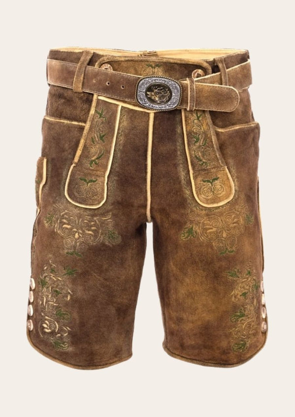 Rustic brown lederhosen for men, crafted from genuine leather for a classic Bavarian look.