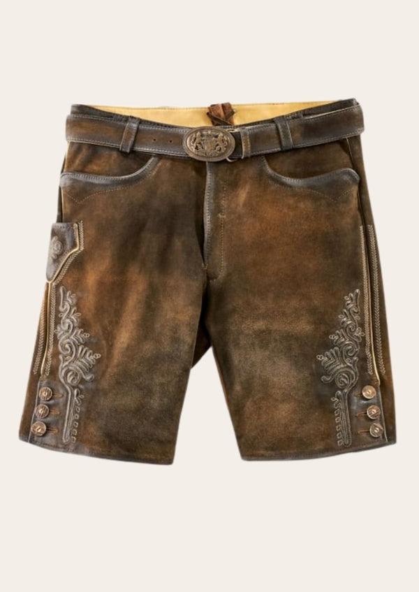 Rustic Woodsman lederhosen crafted from genuine leather, inspired by Bavarian forestry traditions.