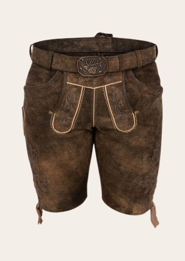 Timberjack lederhosen crafted from genuine leather, inspired by rugged Bavarian forestry traditions.