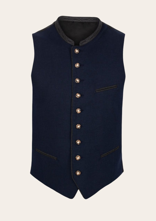 Timeless Bavarian gentleman’s festival vest, featuring classic Trachten embroidery and Alpine charm.