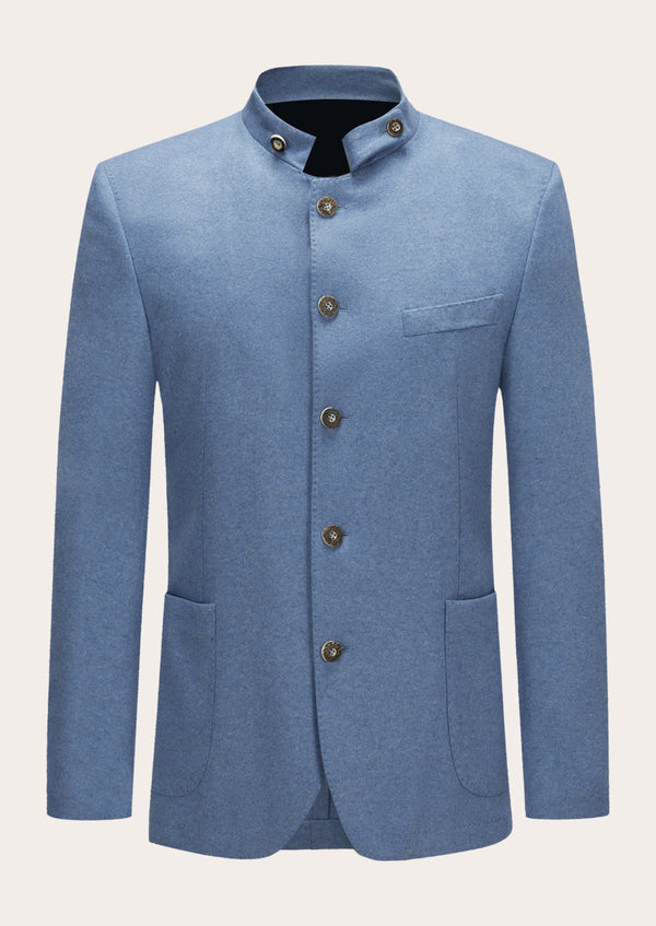 A tailored blue wool Timeless German Trachten jacket with bone button closures and a three-pocket layout, designed for traditional festivals and pairings with Lederhosen outfits.