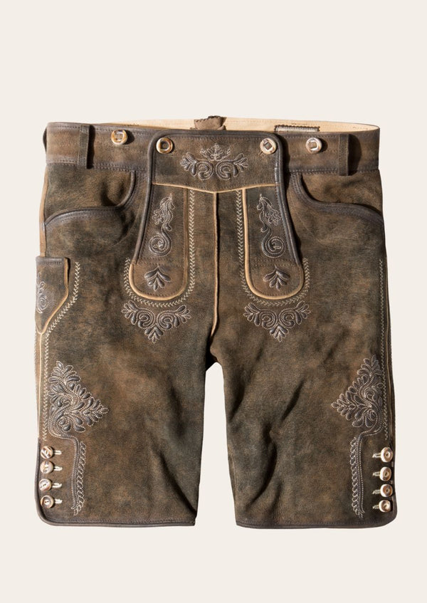 Traditional beer garden lederhosen crafted from premium leather, perfect for Oktoberfest and Bavarian festivals.