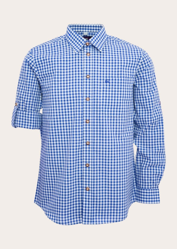 Blue checkered Bavarian shirt for men, ideal for pairing with Lederhosen.