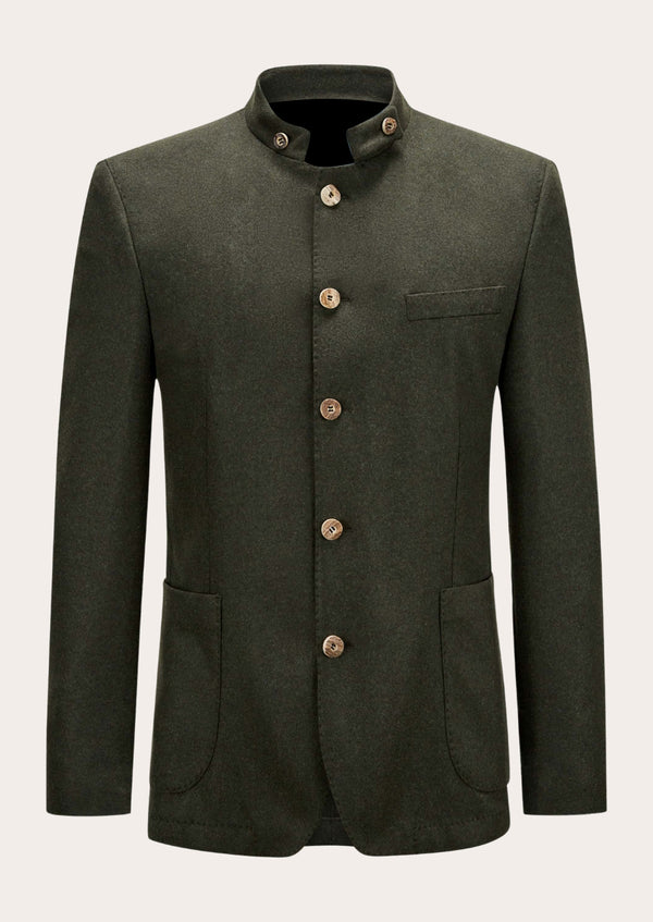 A traditional green wool German jacket with bone button closure and a three-pocket design, including one on the chest and two on the bottom.