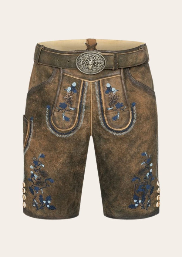 Traditional German lederhosen for men, crafted from genuine leather with intricate Bavarian embroidery.