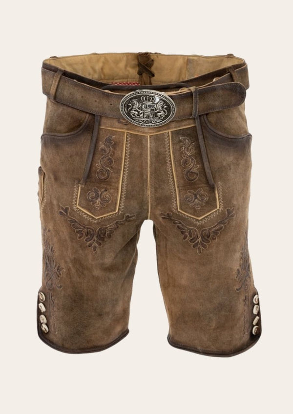 Vintage Alpine lederhosen crafted from genuine leather, featuring traditional Bavarian embroidery.