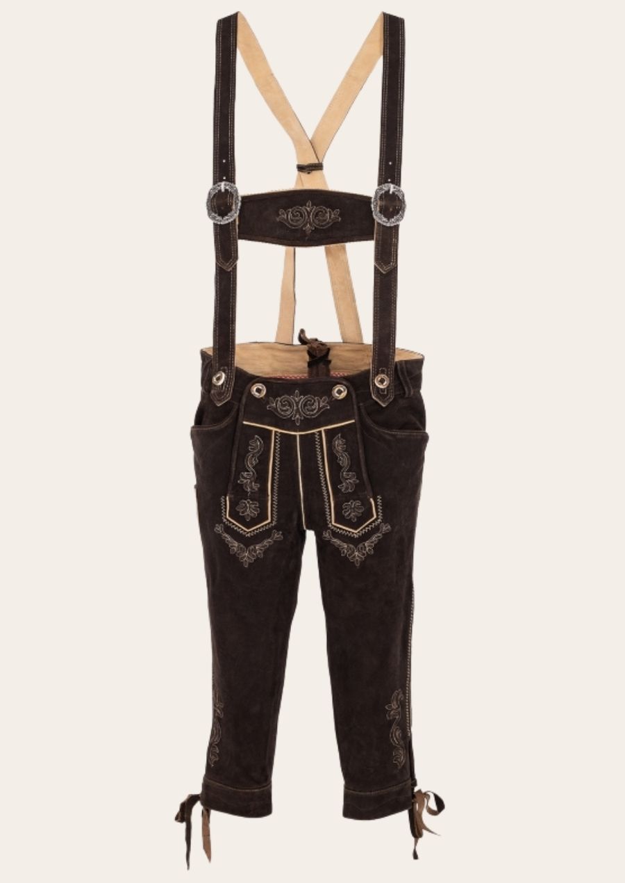 Vintage Bavarian Bundhosen crafted from genuine leather, featuring classic German embroidery.