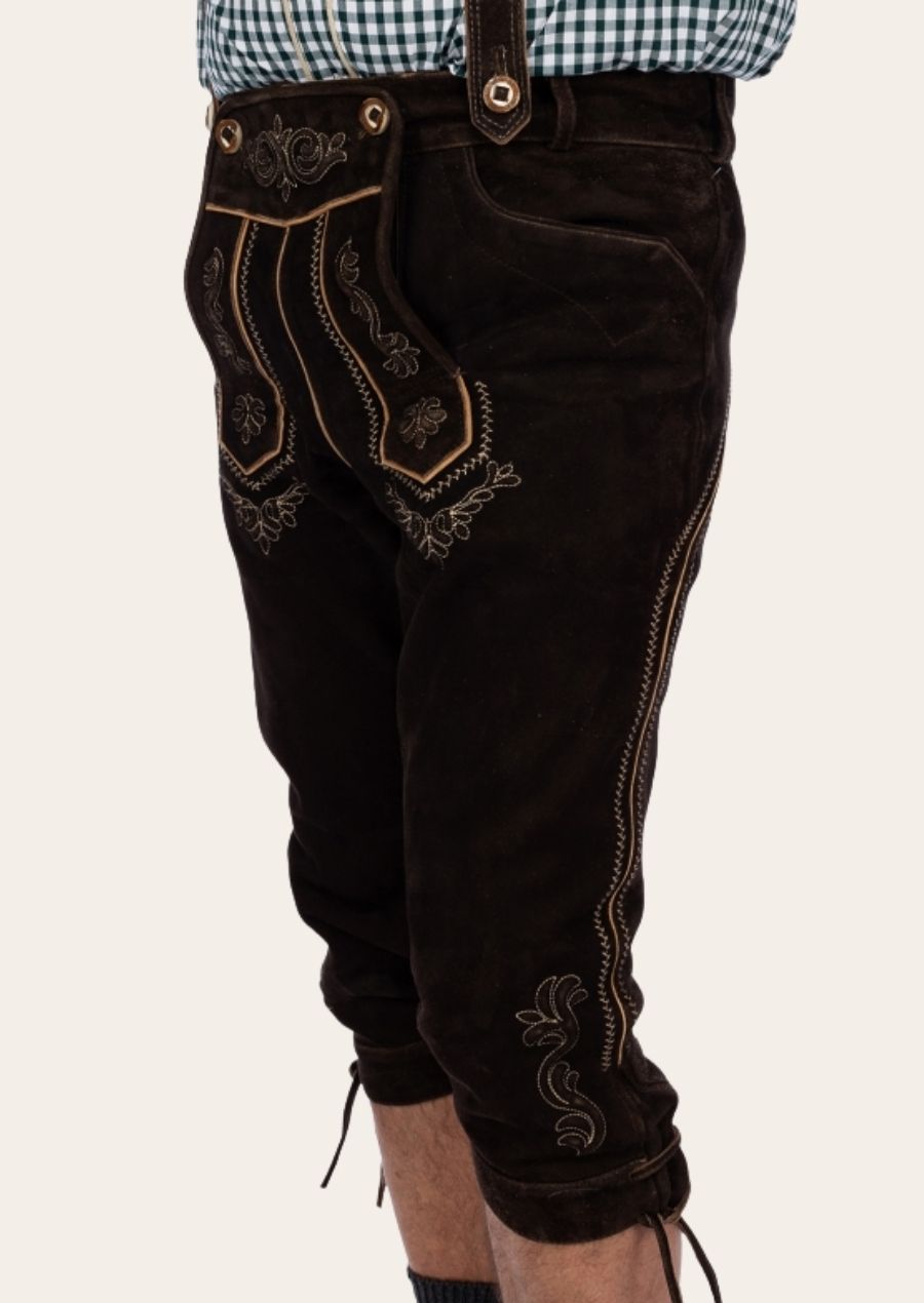 Authentic German Bundhosen with knee-length design, perfect for Oktoberfest and folk festivals.