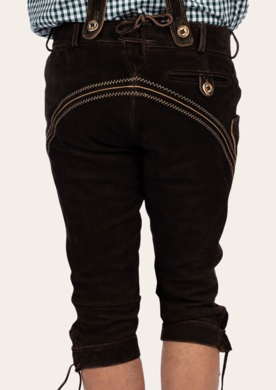 Vintage Bavarian Bundhosen crafted from genuine leather, featuring classic German embroidery.