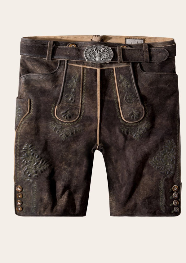 Vintage Timber lederhosen crafted from genuine leather, inspired by Bavarian forestry traditions.